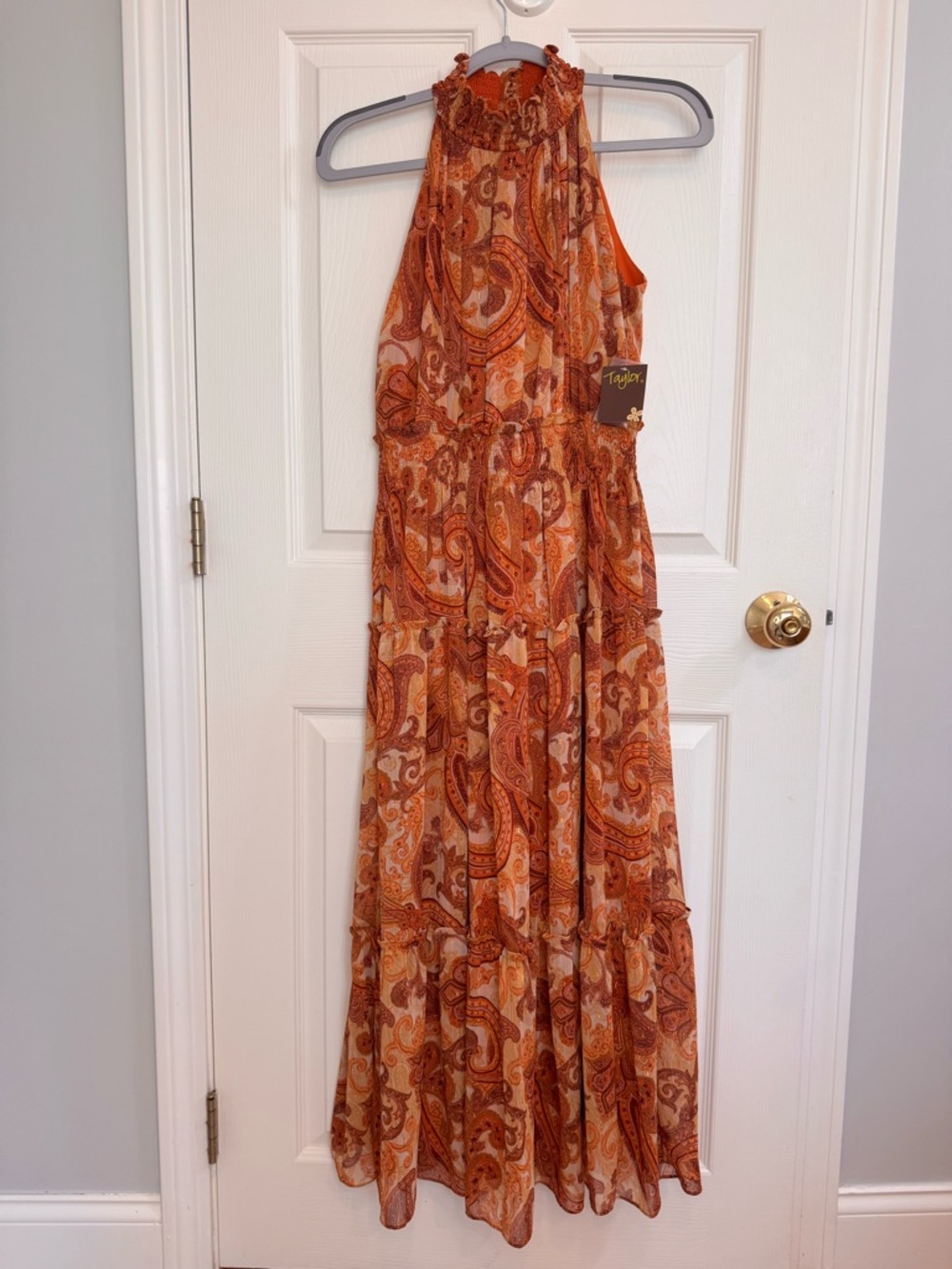 Taylor Paisley Chiffon Smocked Mock Neck Tiered Maxi Dress - Burnt Orange